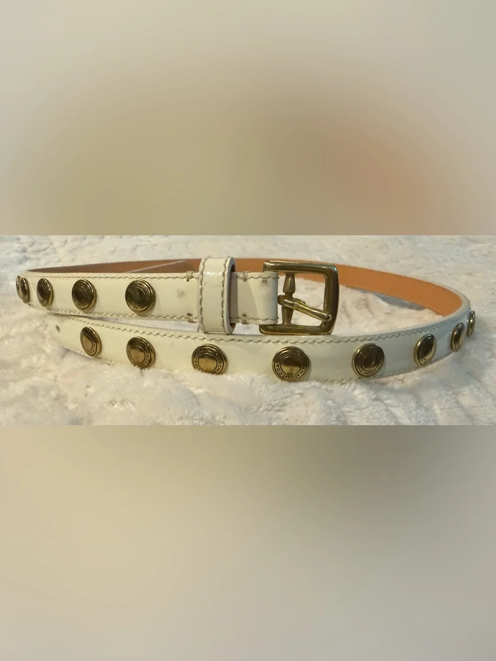 Coach White Patent Leather Vintage Skinny Belt Gold Stud Logo Accents sz S